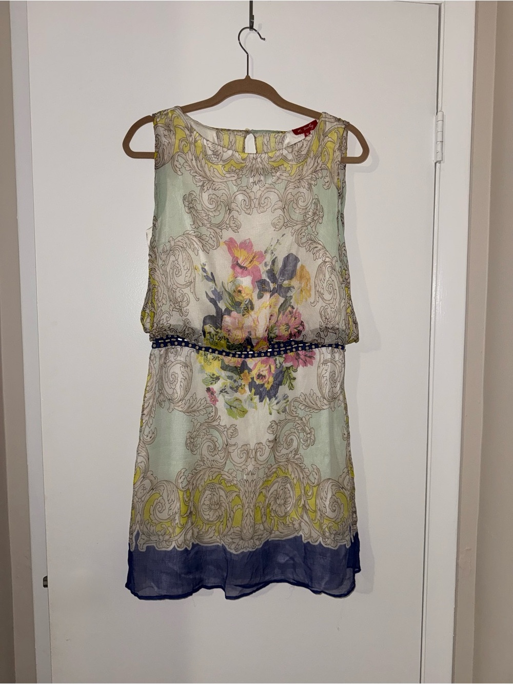 Derhy Floral Print Sleeveless Blouson Dress in Pastel Mint and Navy